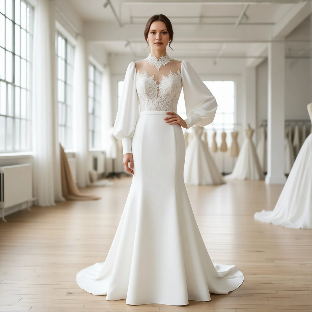 Romantic Crepe Mermaid with an illusion neckline