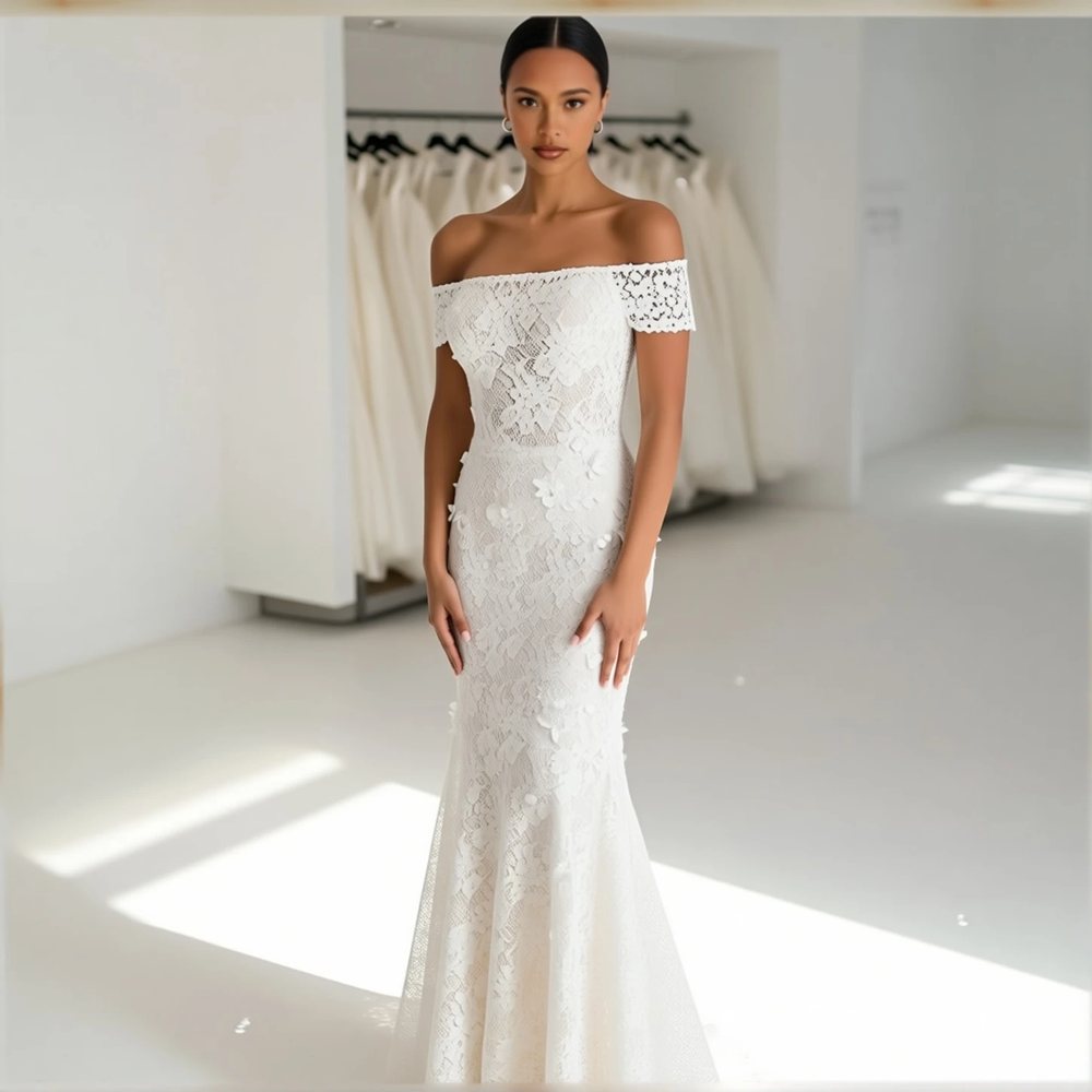 Romantic Lace Mermaid with an off-the-shoulder neckline