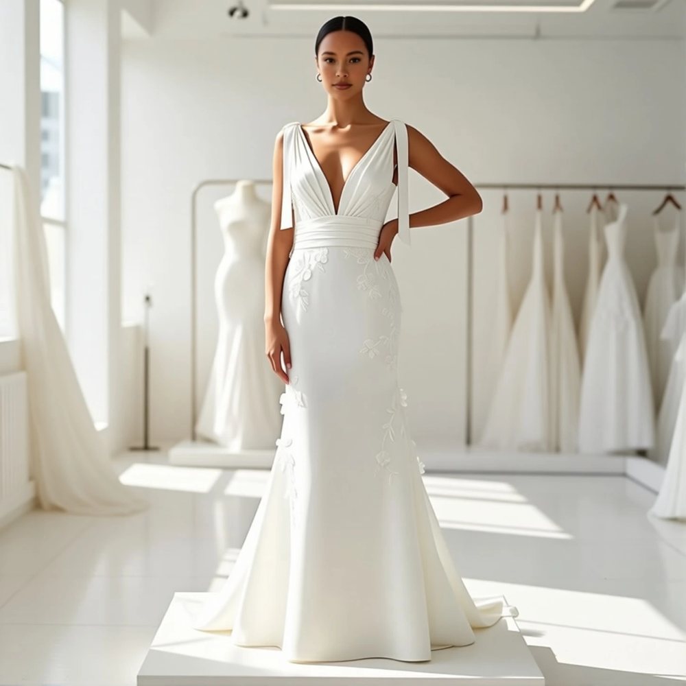Romantic Crepe Mermaid with a V-neckline