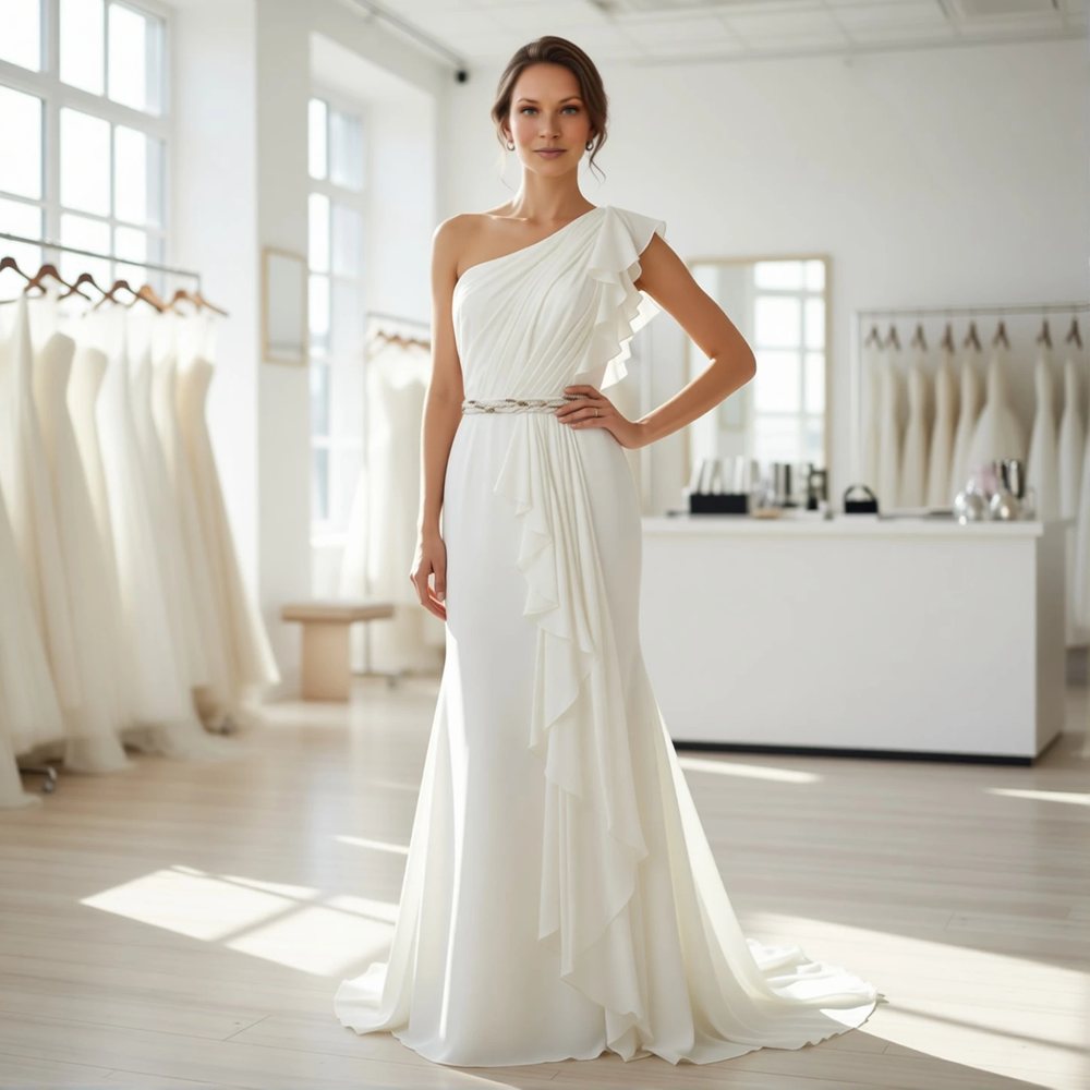 Classic Crepe Mermaid with a one-shoulder design