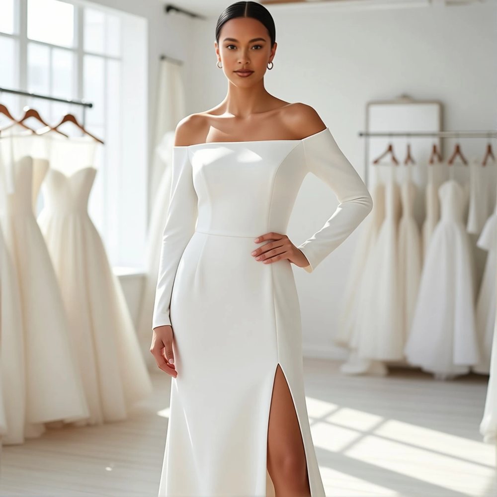 Minimalist Crepe Sheath with an off-the-shoulder neckline