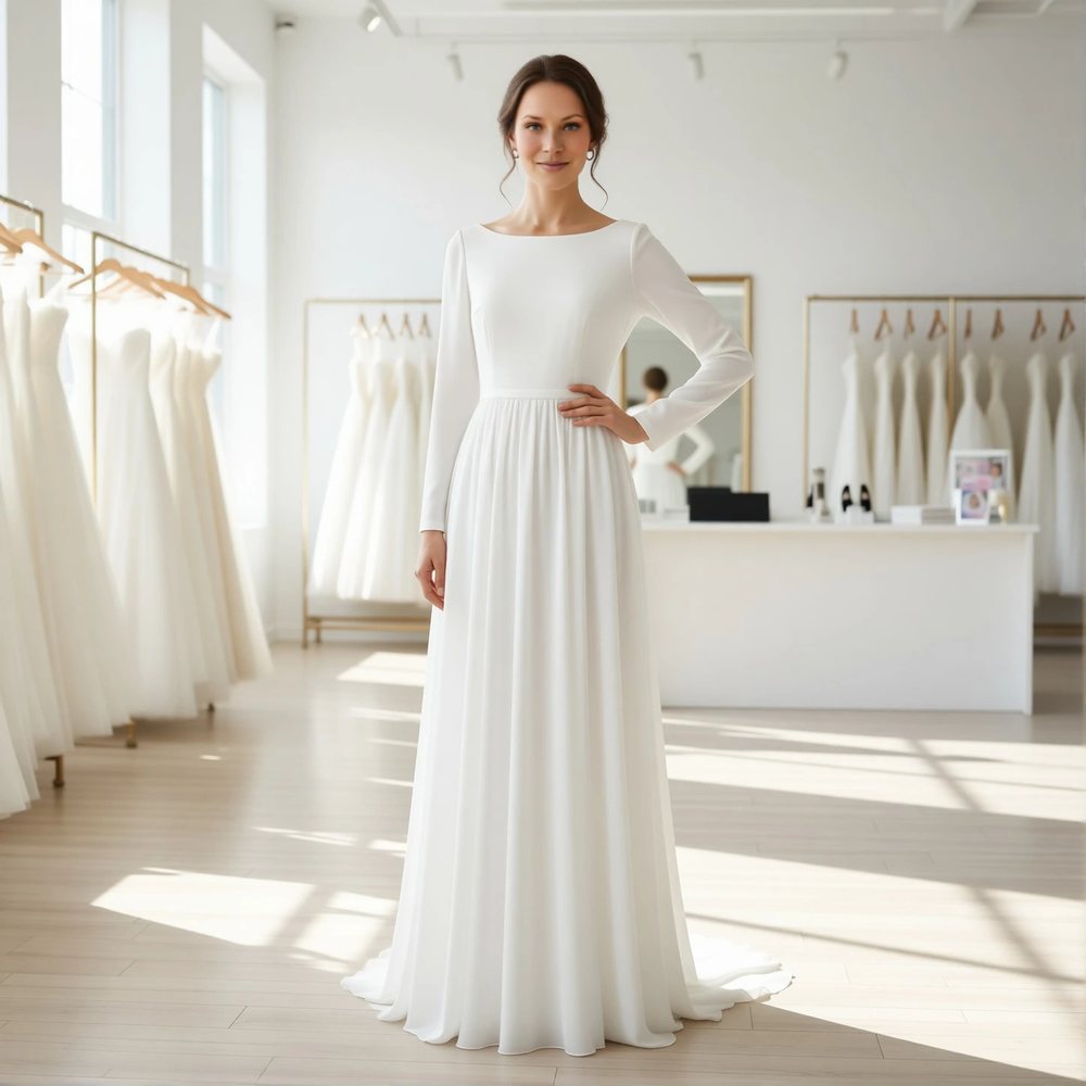 Minimalist Chiffon A-line with a bateau neckline