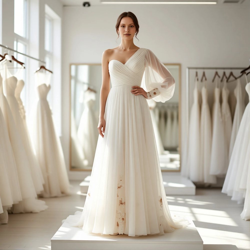 Bohemian Chiffon A-line with a one-shoulder design