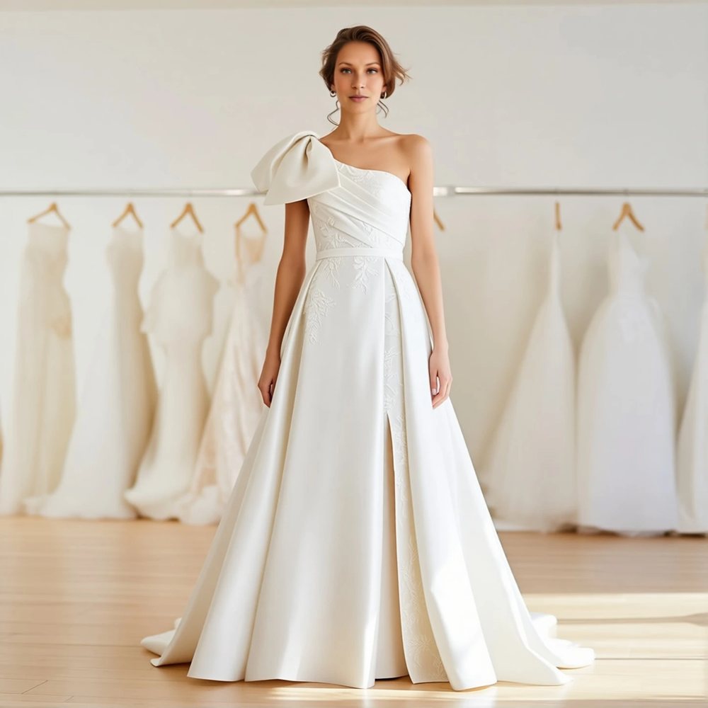 Classic Mikado A-line with a one-shoulder design