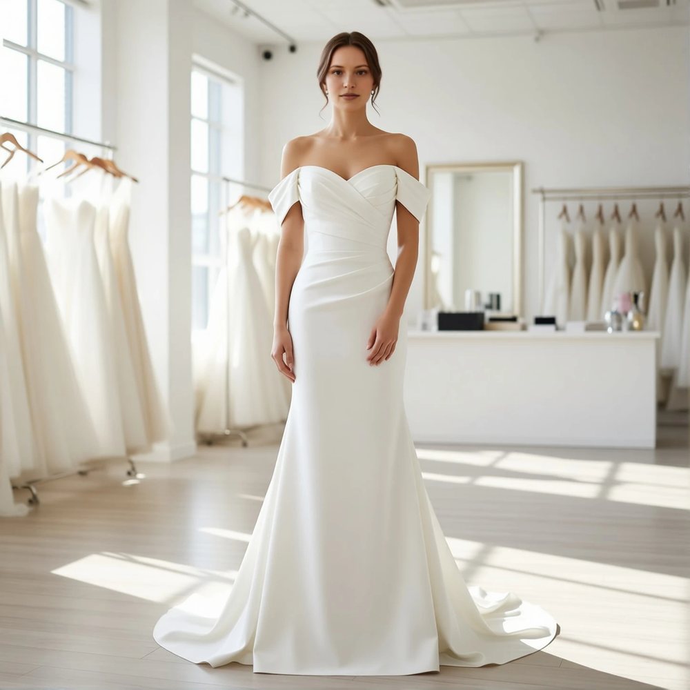 Romantic Crepe Mermaid with an off-the-shoulder neckline