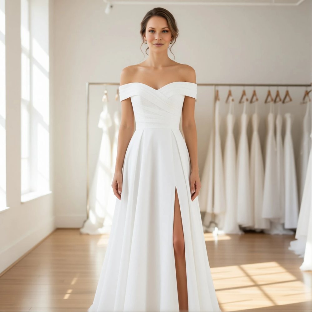 Classic Crepe A-line with an off-the-shoulder neckline