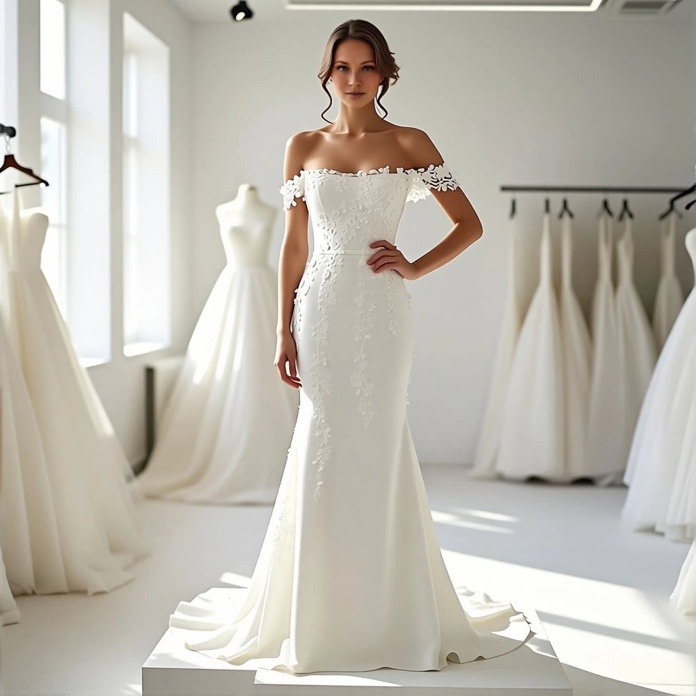 Romantic Lace Mermaid with an off-the-shoulder neckline