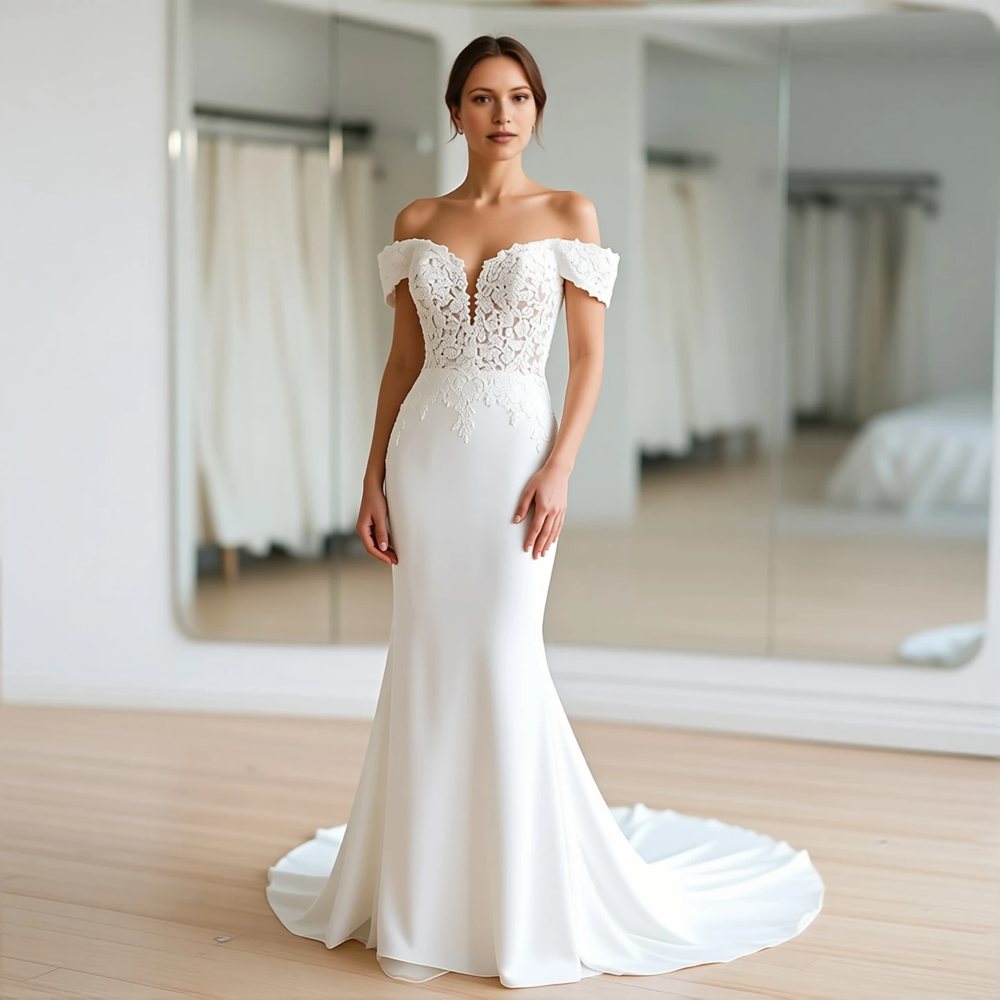 Romantic Lace Mermaid with an off-the-shoulder neckline