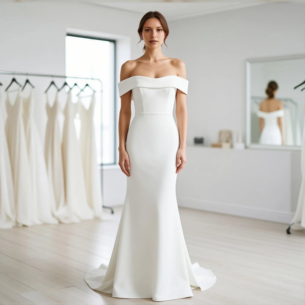 Minimalist Crepe Sheath with an off-the-shoulder neckline