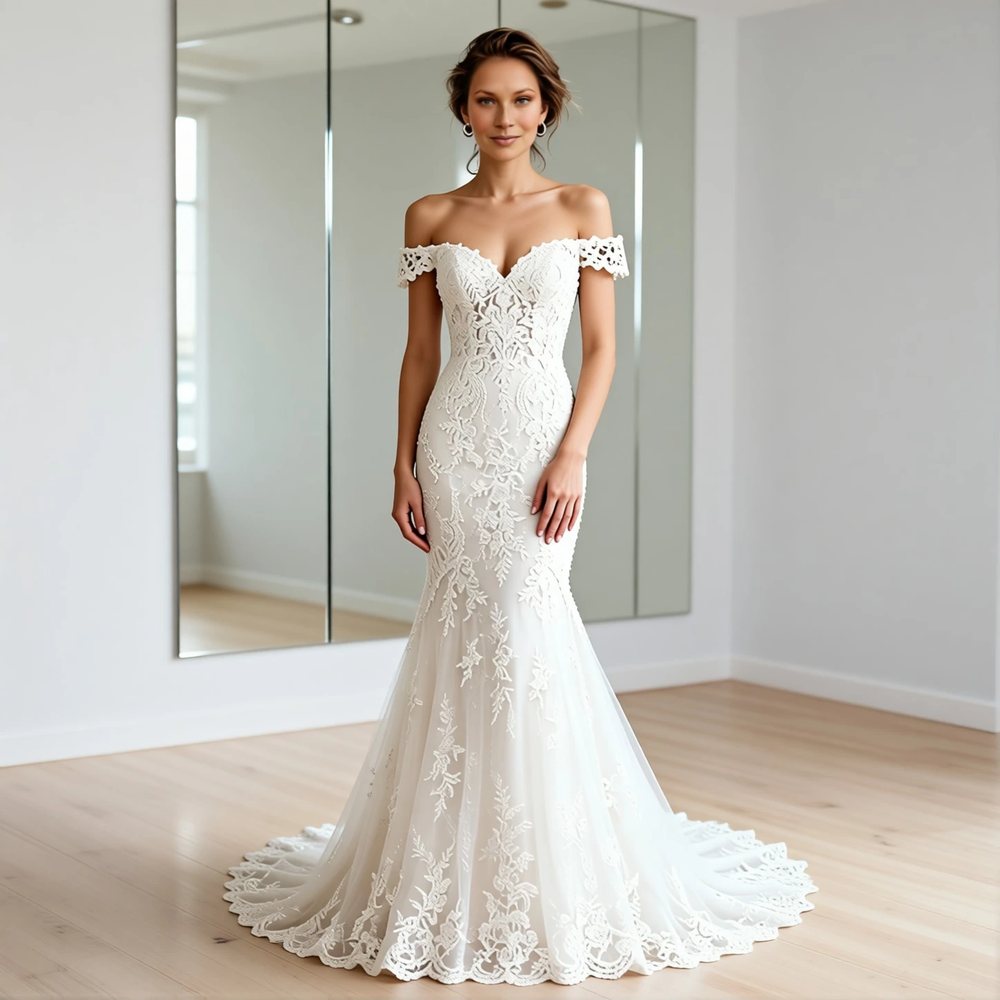Romantic Lace Mermaid with an off-the-shoulder neckline