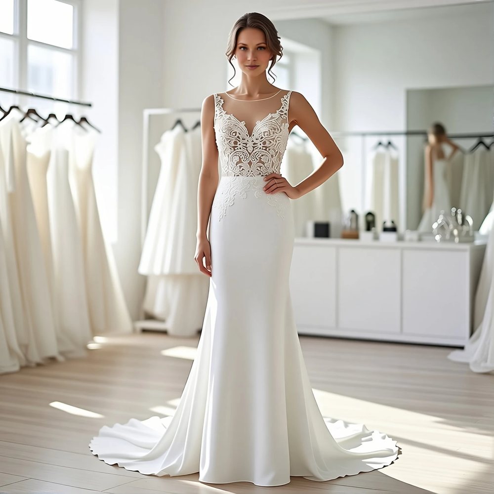 Romantic Crepe Sheath with an illusion neckline