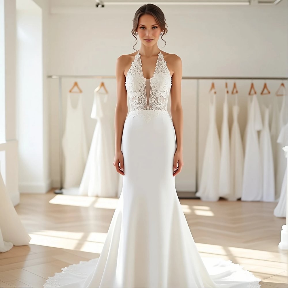 Romantic Crepe Mermaid with an illusion neckline