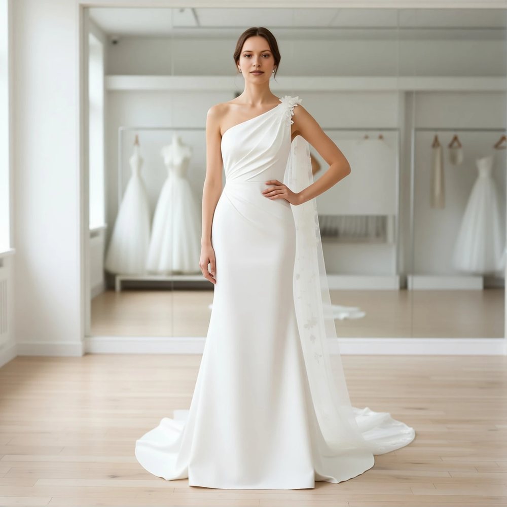 Romantic Crepe Sheath with a one-shoulder design