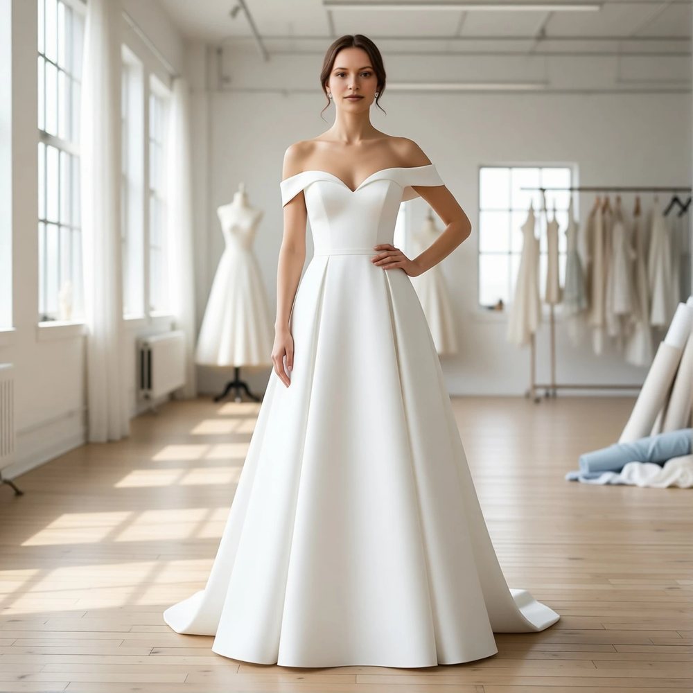 Classic Mikado A-line with an off-the-shoulder neckline