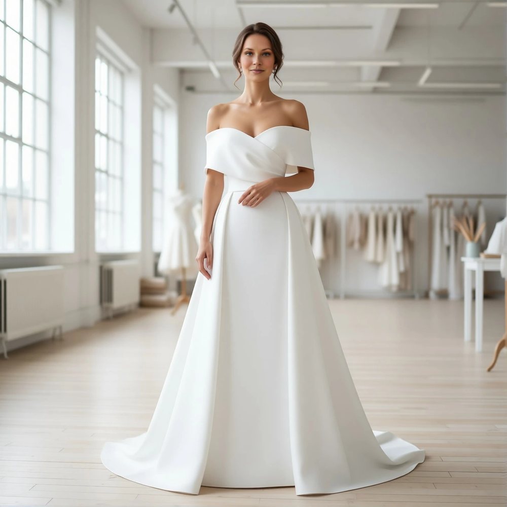 Classic Mikado Sheath with an off-the-shoulder neckline