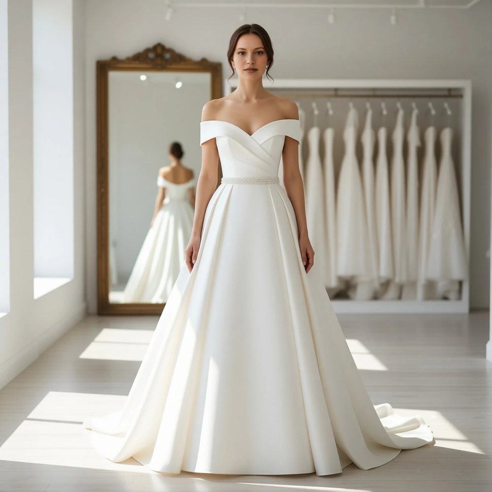 Classic Mikado Ballgown with an off-the-shoulder neckline