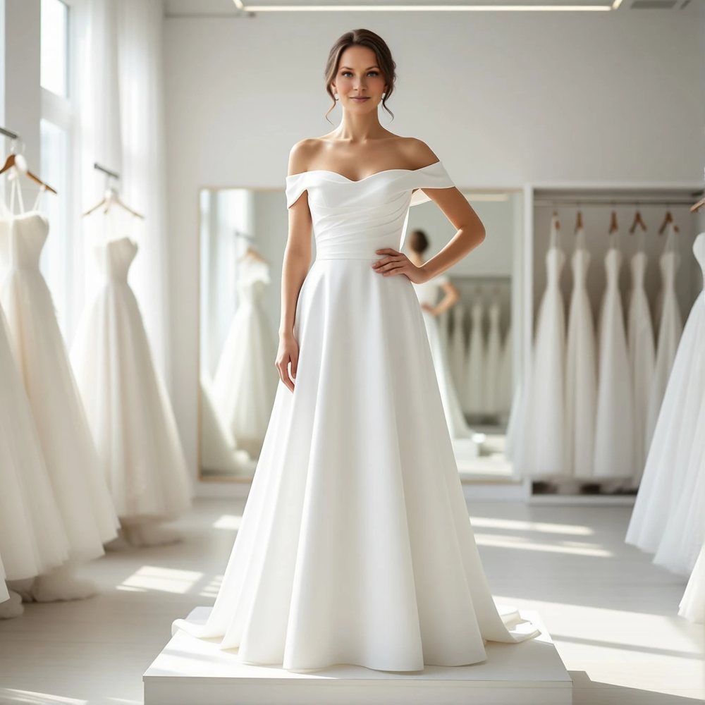 Classic Mikado A-line with an off-the-shoulder neckline