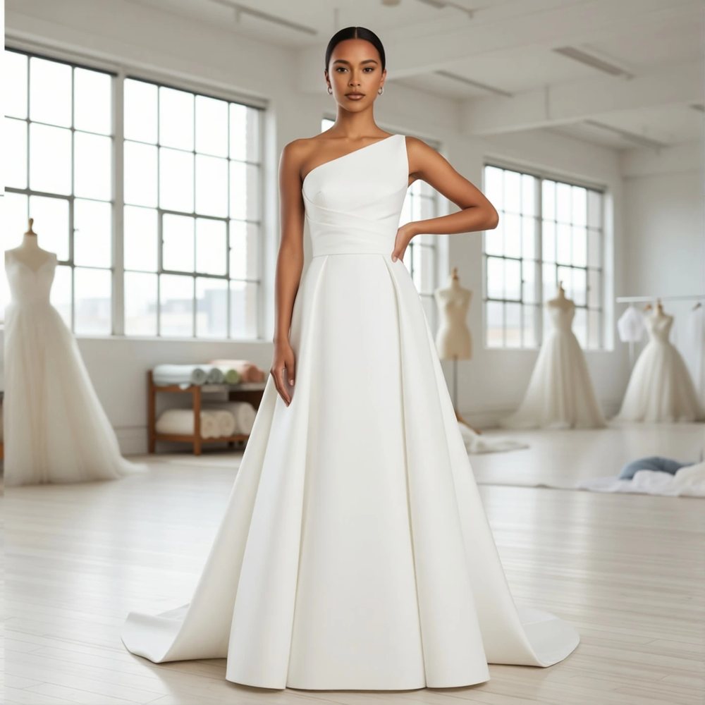 Minimalist Mikado A-line with a one-shoulder design