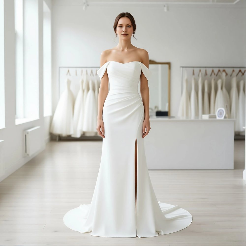 Minimalist Crepe Sheath with an off-the-shoulder neckline