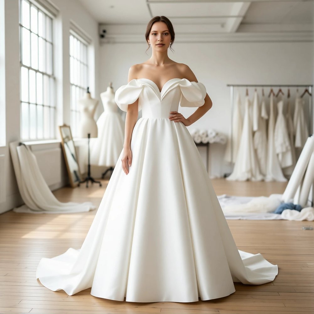 Romantic Mikado Ballgown with an off-the-shoulder neckline
