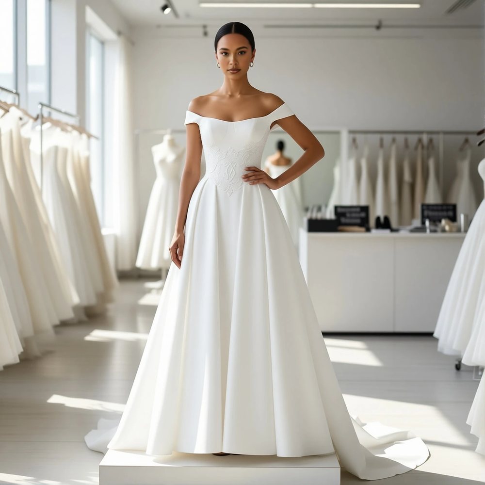 Classic Mikado Ballgown with an off-the-shoulder neckline