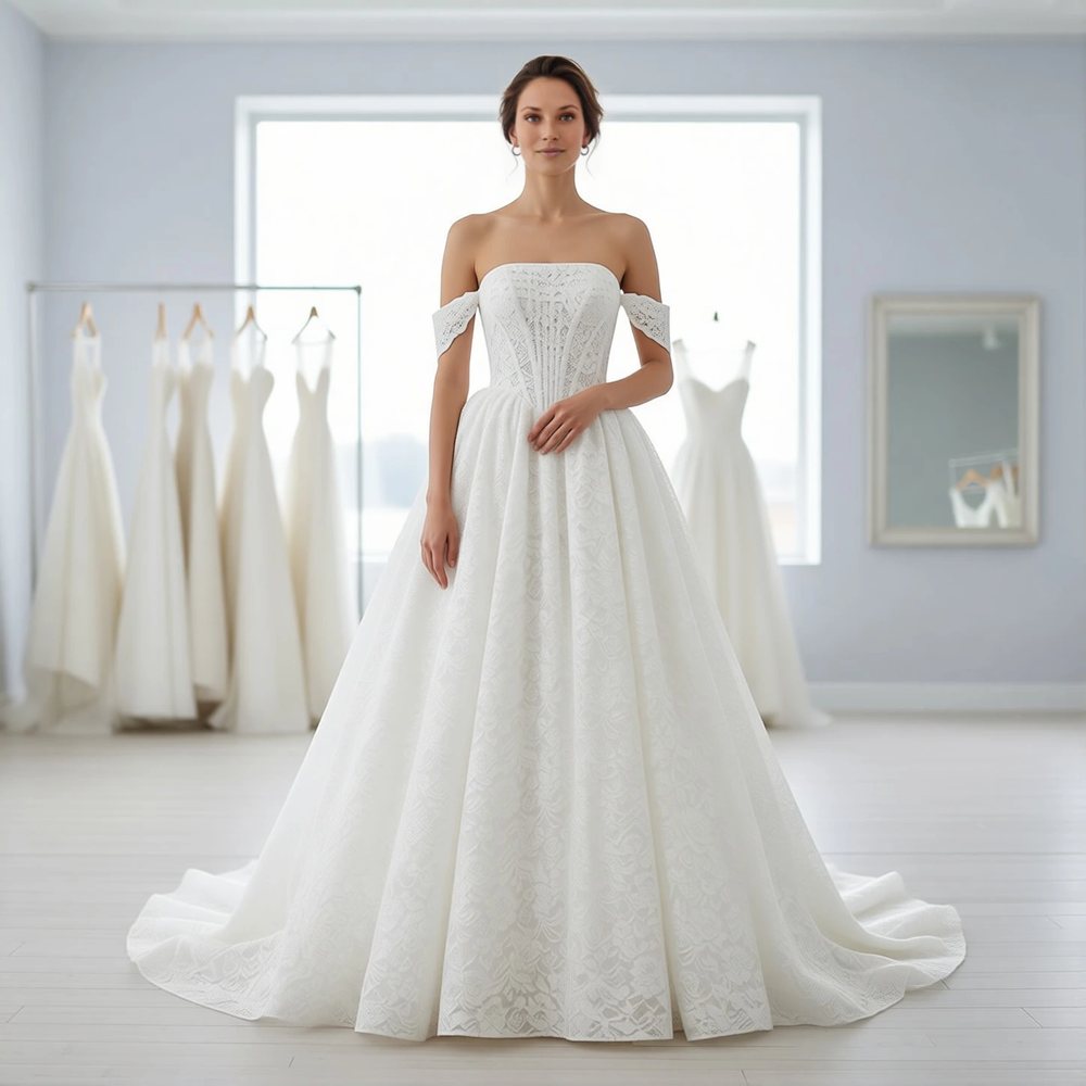 Vestido princesa em renda, vintage — decote ombro a ombro