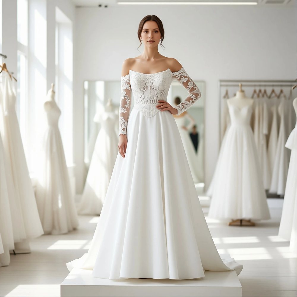 Brautkleid in A-Linie aus Mikado, romantisch — schulterfreier Ausschnitt