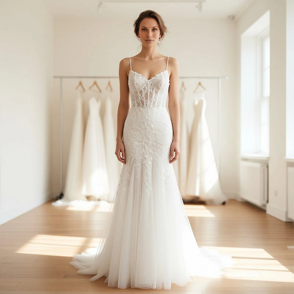 Brautkleid in Meerjungfrau aus Spitze, boho — Herzausschnitt