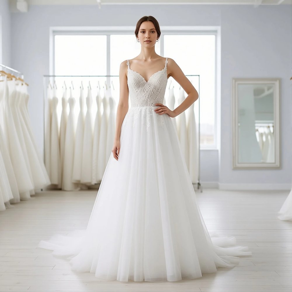 Brautkleid in A-Linie aus Tüll, romantisch — V-Ausschnitt