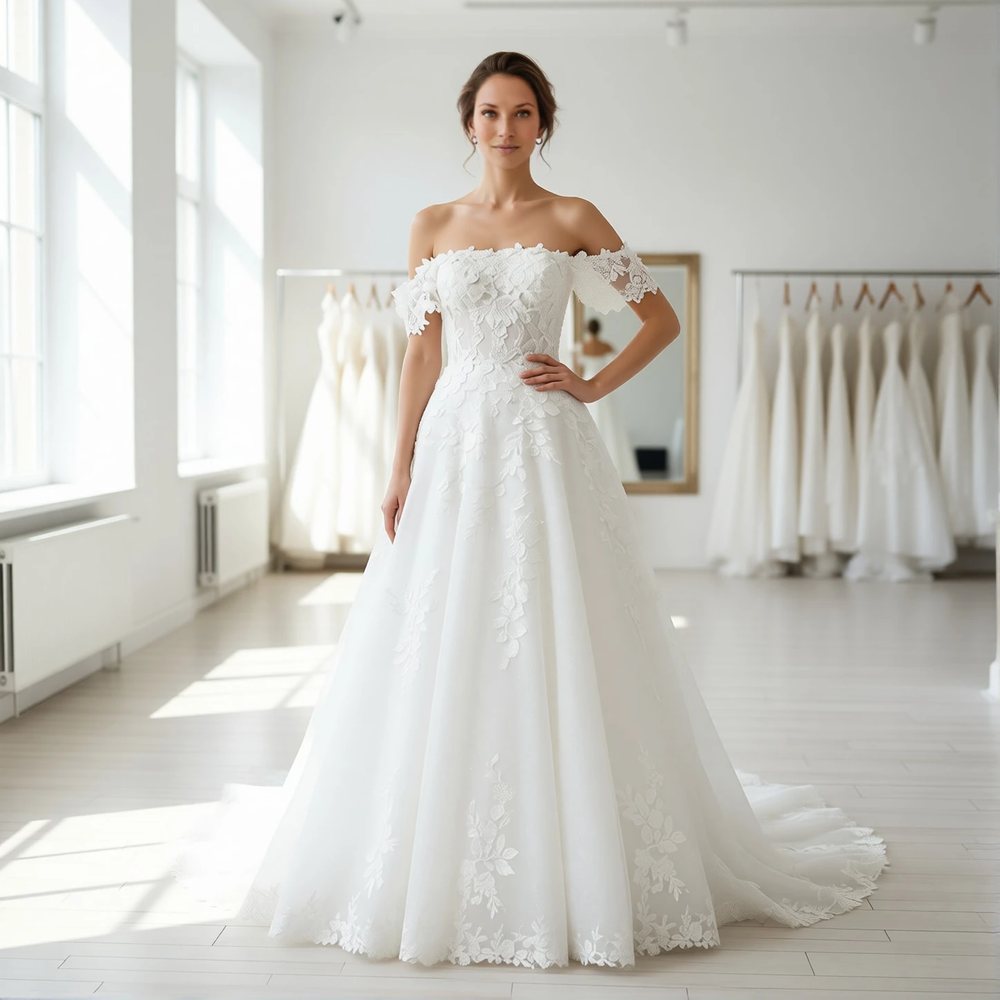 Brautkleid in Prinzessin aus Tüll, romantisch — schulterfreier Ausschnitt