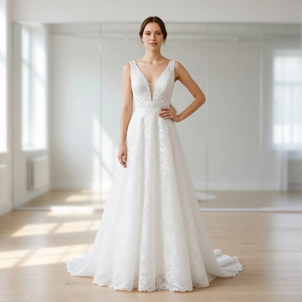 Vestido evasê em renda, vintage — decote V