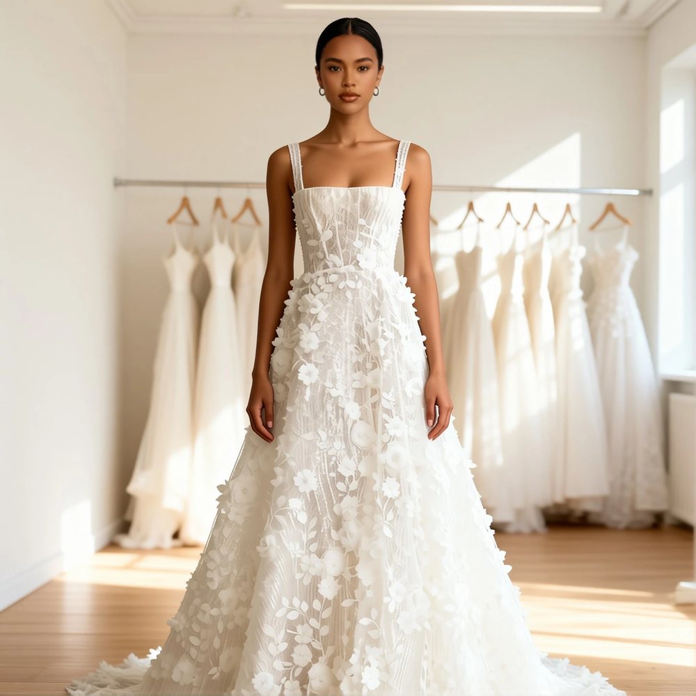 Brautkleid in Prinzessin aus Spitze, romantisch — Karree-Ausschnitt