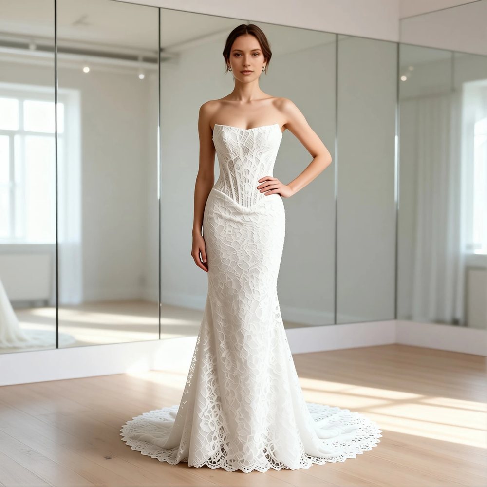 Vestido sereia em renda, clássico — decote canoa