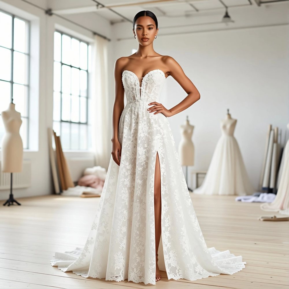 Brautkleid in A-Linie aus Spitze, romantisch — Herzausschnitt