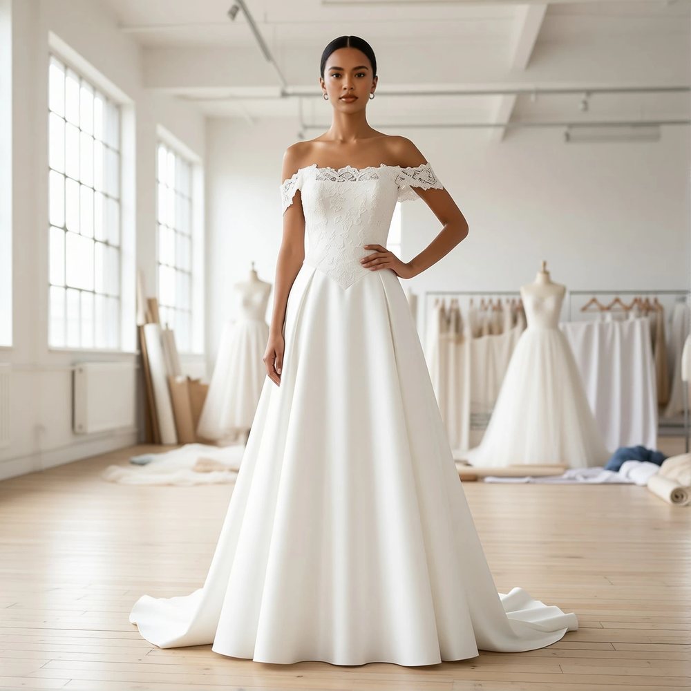 Vestido princesa em mikado, clássico — decote ombro a ombro