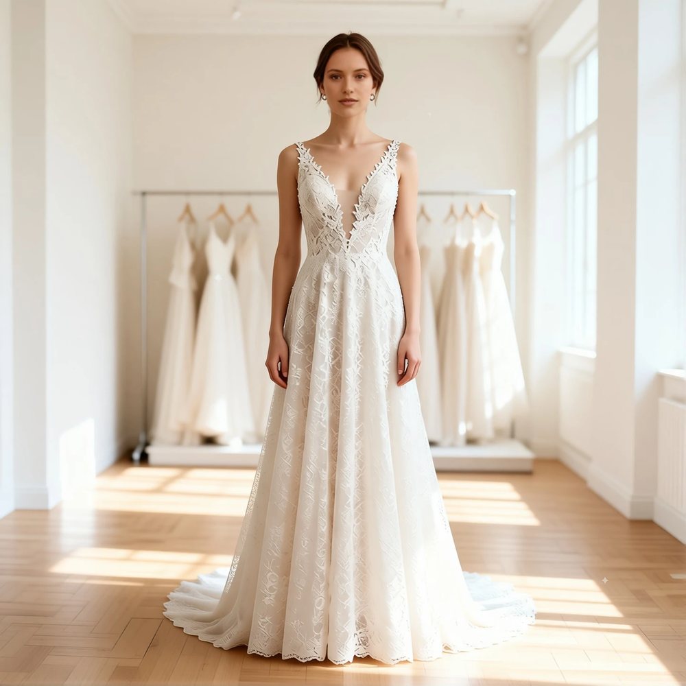 Brautkleid in A-Linie aus Spitze, boho — V-Ausschnitt