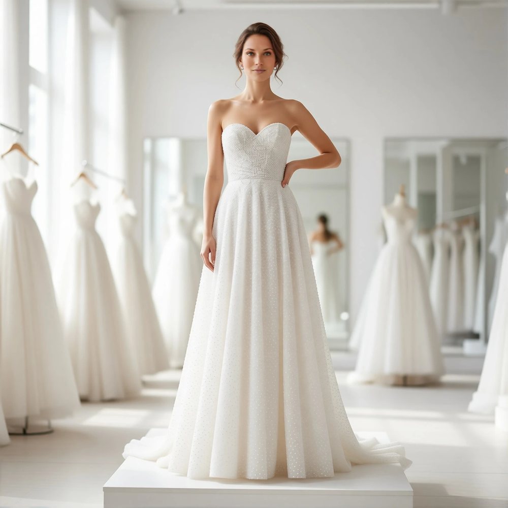 Brautkleid in A-Linie aus Tüll, romantisch — Herzausschnitt