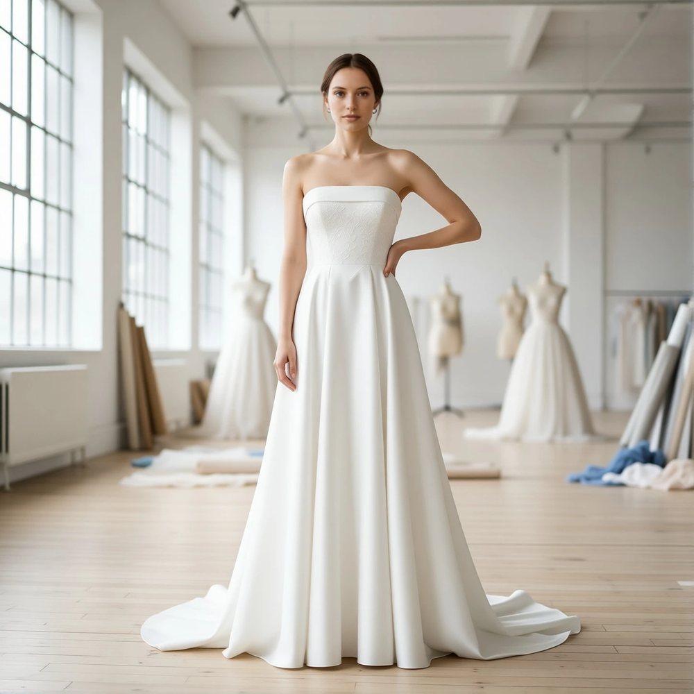 Vestido evasê em mikado, minimalista — decote canoa
