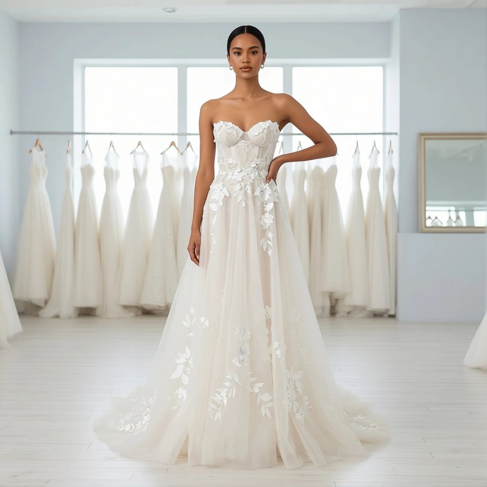 Brautkleid in A-Linie aus Tüll, boho — Herzausschnitt