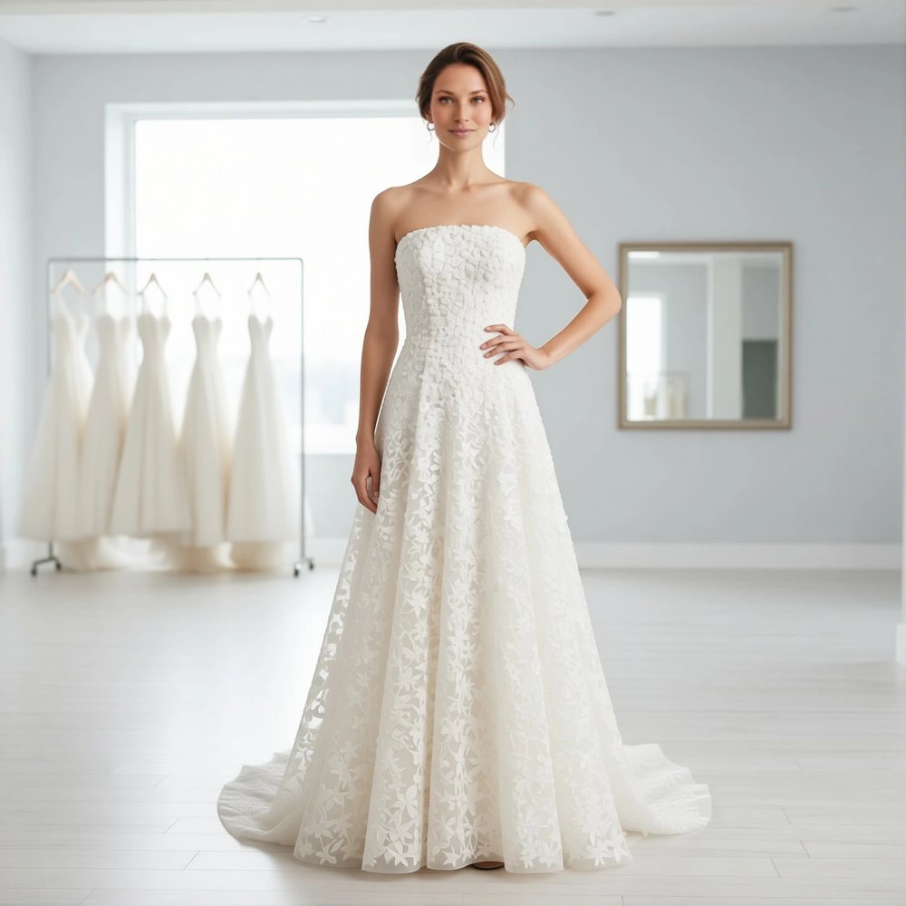 Brautkleid in A-Linie aus Organza, romantisch — U-Boot-Ausschnitt