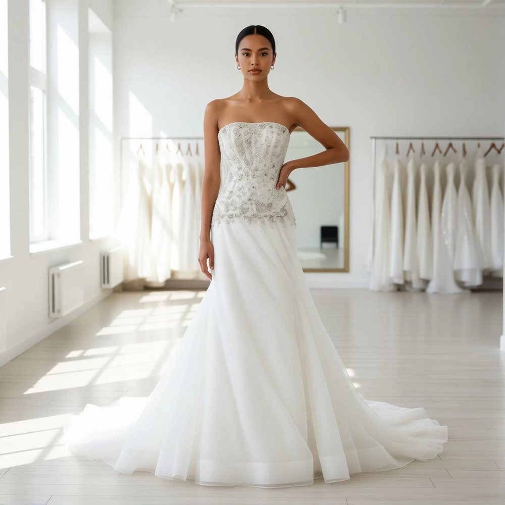 Vestido corte sirena en tul, vintage — escote barco