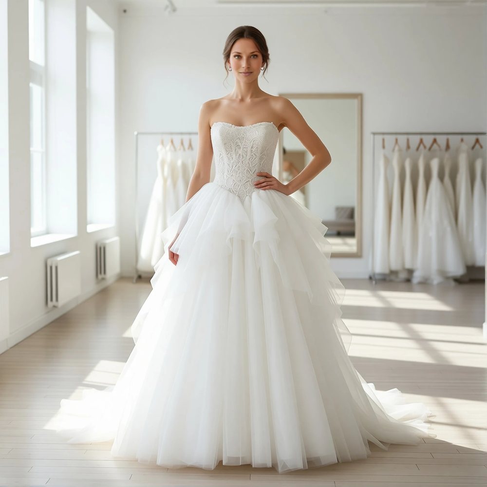Brautkleid in Prinzessin aus Tüll, romantisch — U-Boot-Ausschnitt