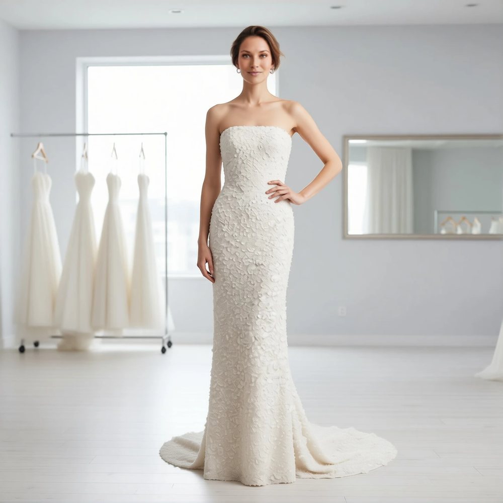 Brautkleid in Gerade geschnitten aus Organza, romantisch — U-Boot-Ausschnitt