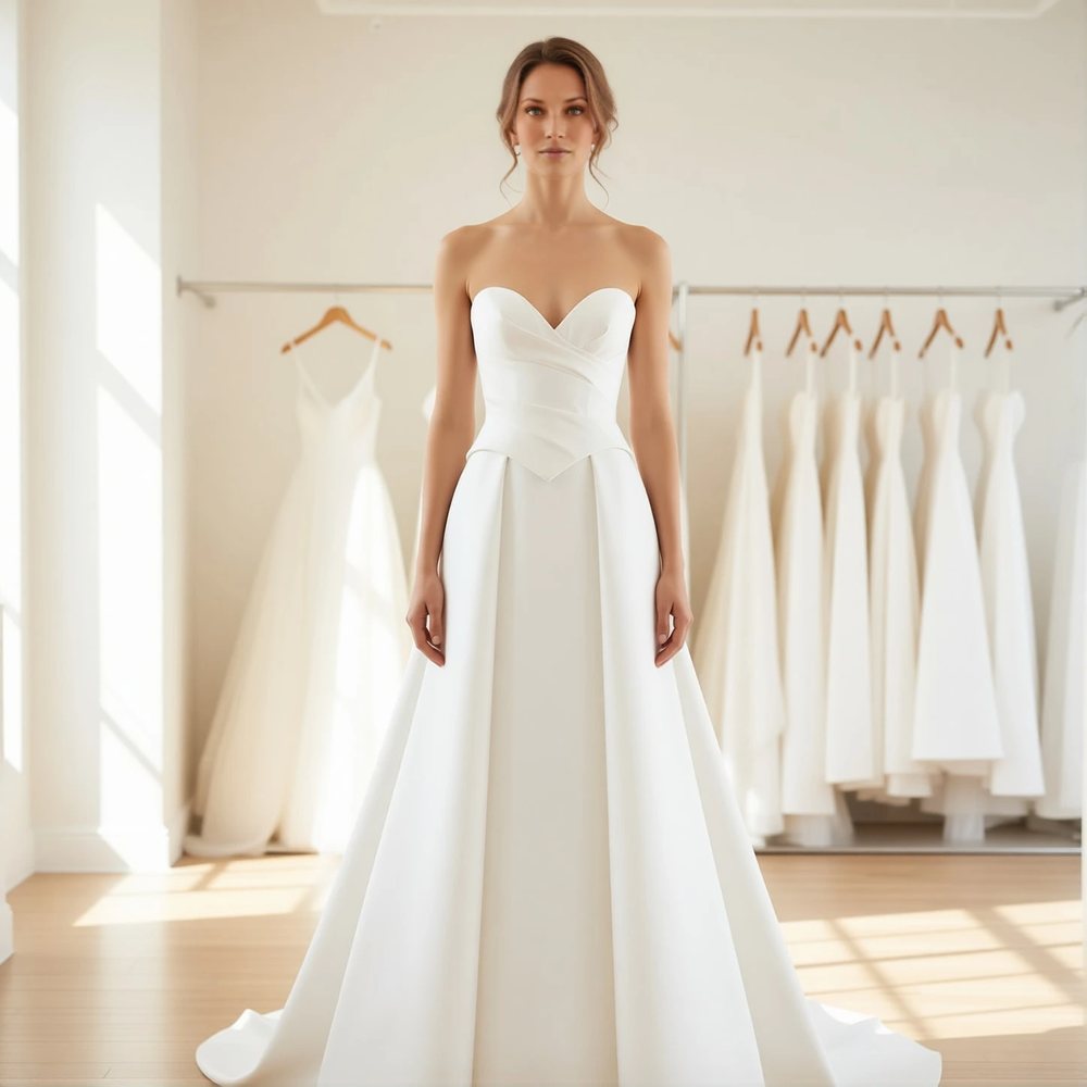 Vestido evasê em mikado, clássico — decote coração