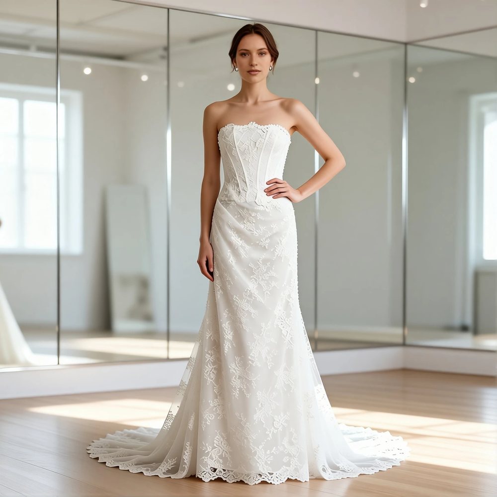 Vestido tubinho em renda, clássico — decote canoa