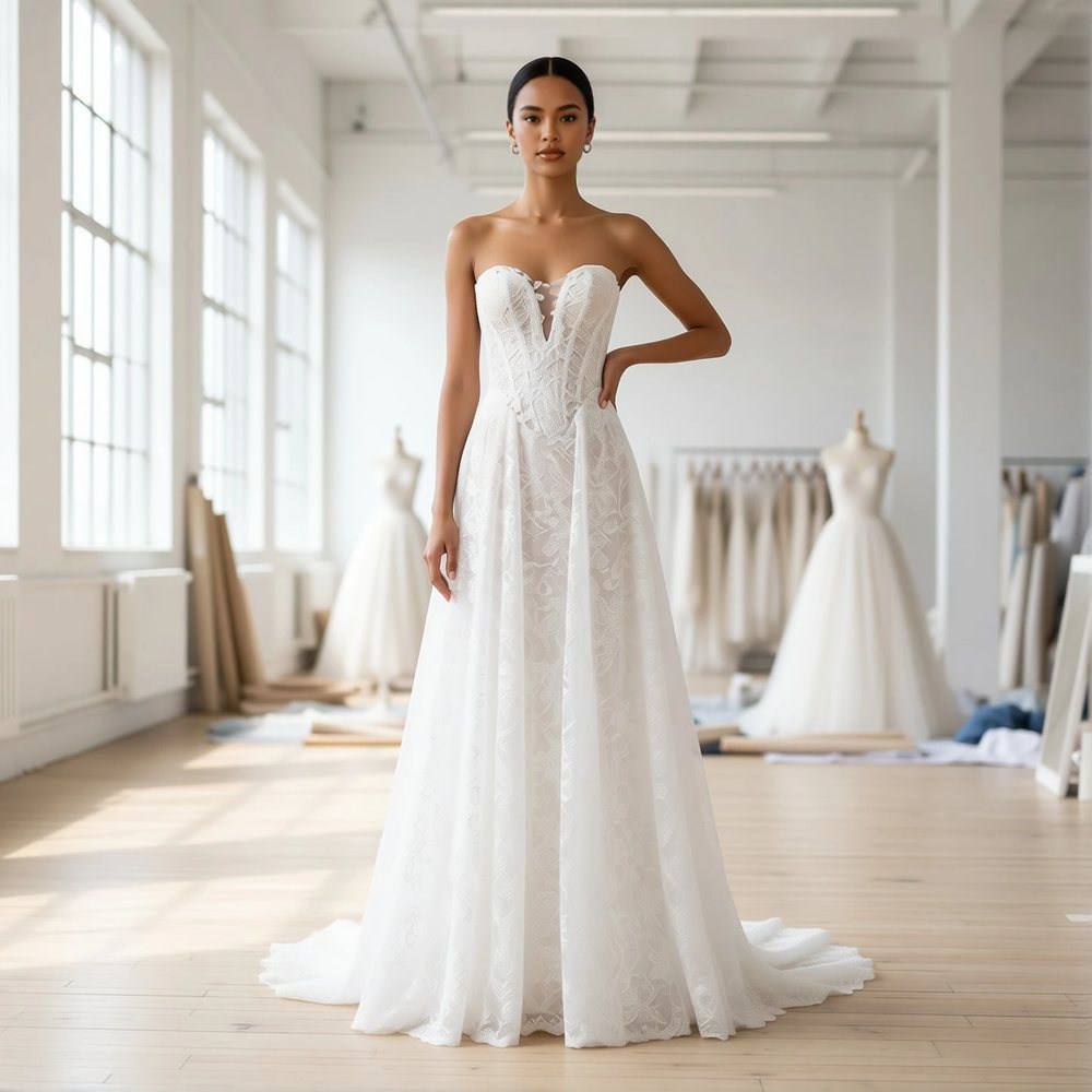 Brautkleid in A-Linie aus Spitze, romantisch — Herzausschnitt