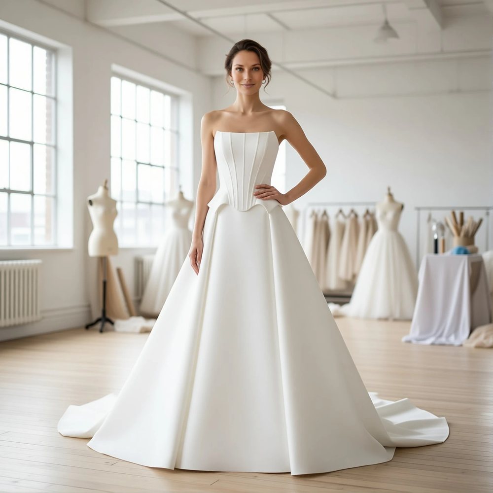 Vestido princesa em mikado, minimalista — decote canoa