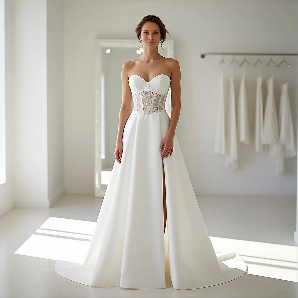 Vestido evasê em mikado, clássico — decote coração