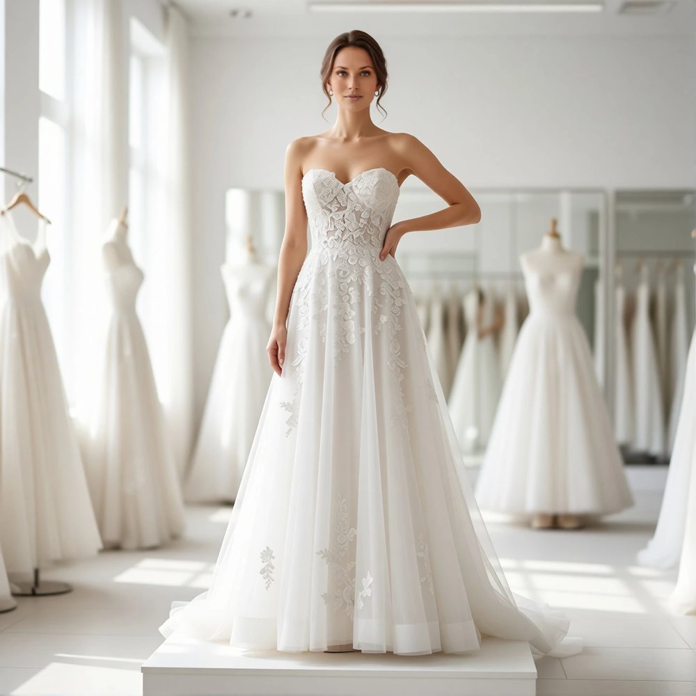 Brautkleid in A-Linie aus Tüll, romantisch — Herzausschnitt