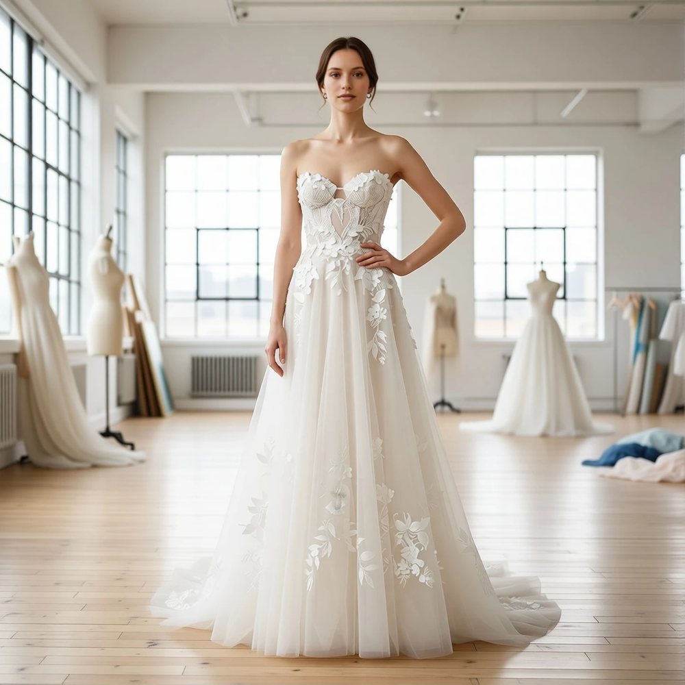 Brautkleid in A-Linie aus Tüll, boho — Herzausschnitt